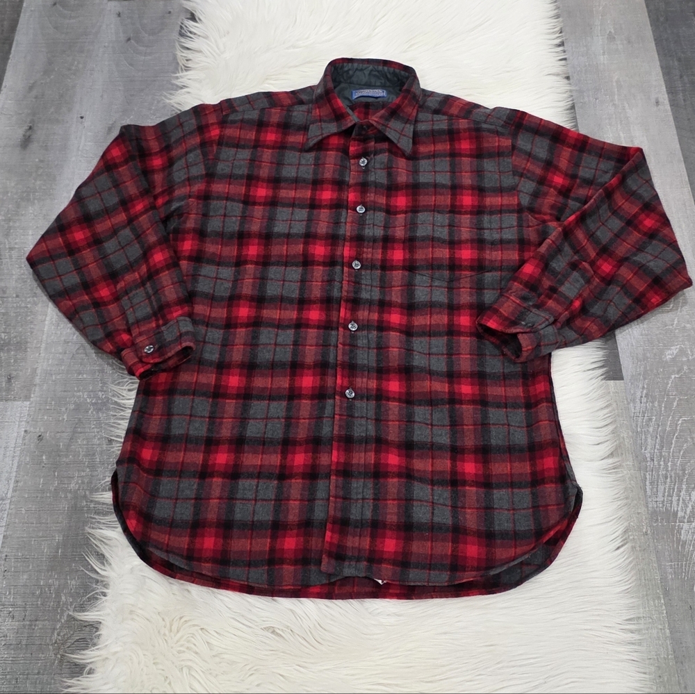 Pendleton Vintage  100% Pure Virgin Wool  Red and Gray Plaid  Button Down  Shirt